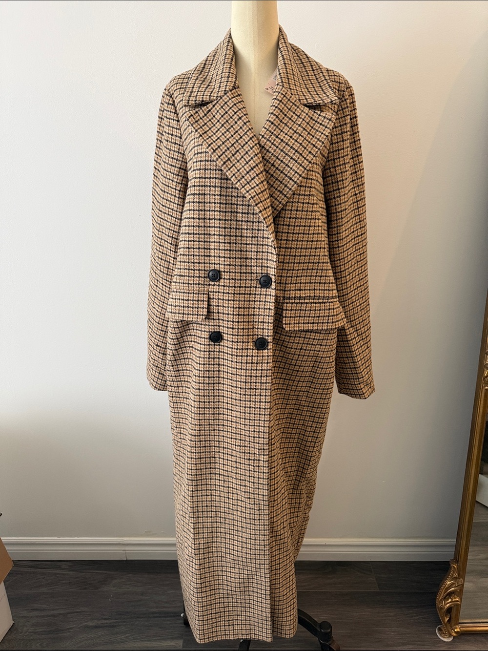 Missguided Long Double-Breasted Plaid Coat in Tan and Black